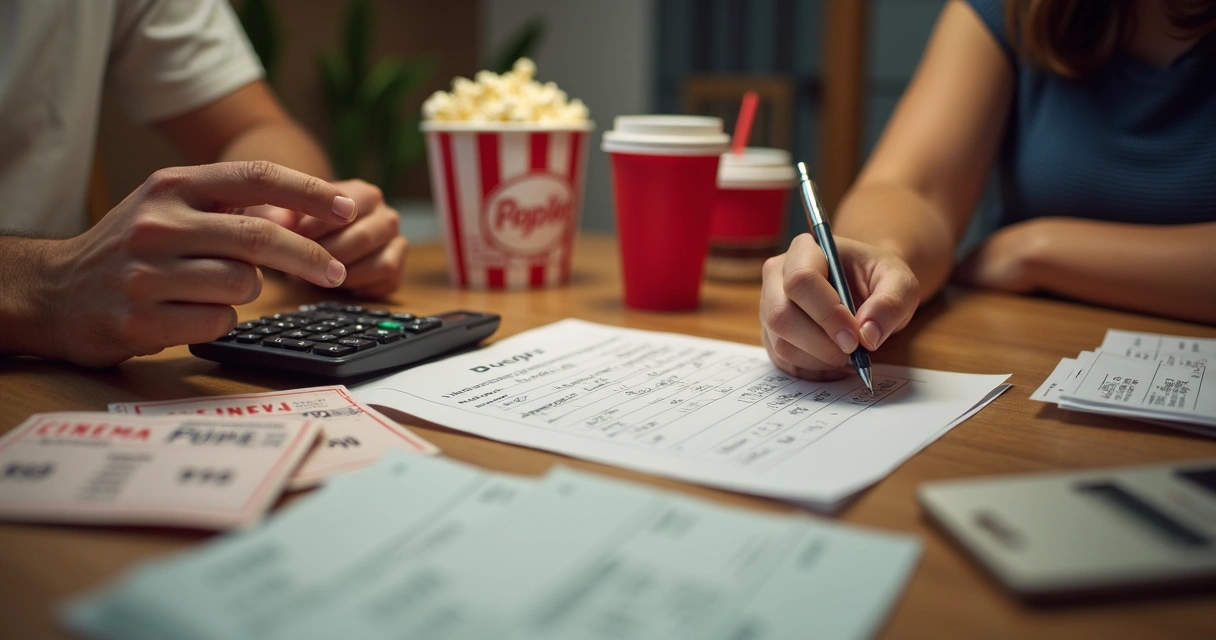 Família revisando gastos após passeio ao cinema 