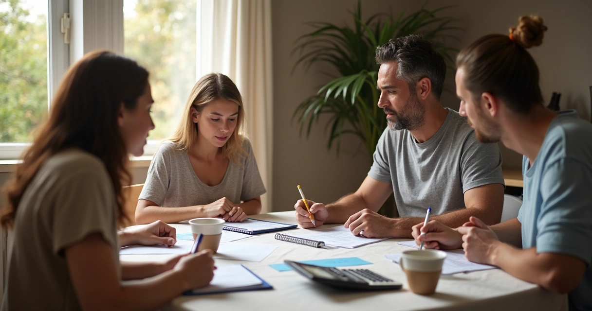 Família reunida analisando contas e orçamento na mesa