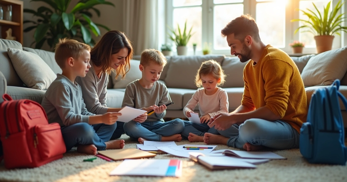 Família organizando material escolar na sala de casa