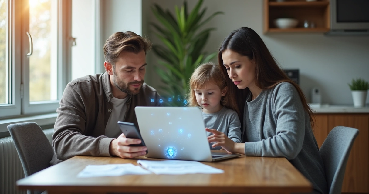 Família urbana sentada à mesa usando notebook e celular, concentrados, ambiente claro e moderno 