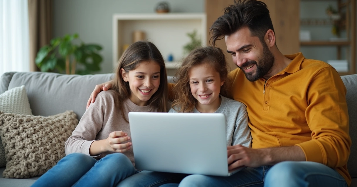 Família organizando arquivos digitais em notebook 