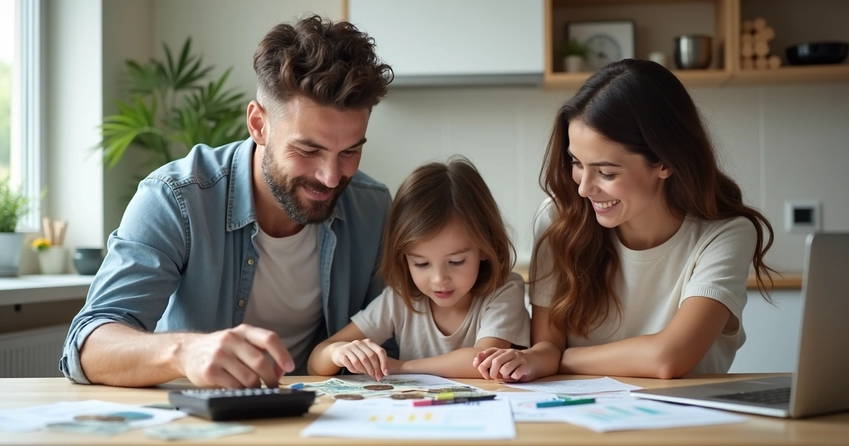 Pais e filhos organizando dinheiro à mesa com papeis e notebooks 