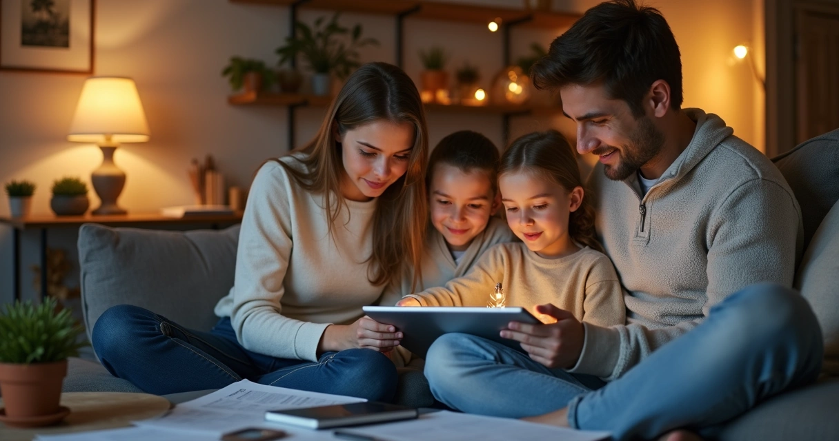 Família reunida no sofá organizando documentos digitais no tablet