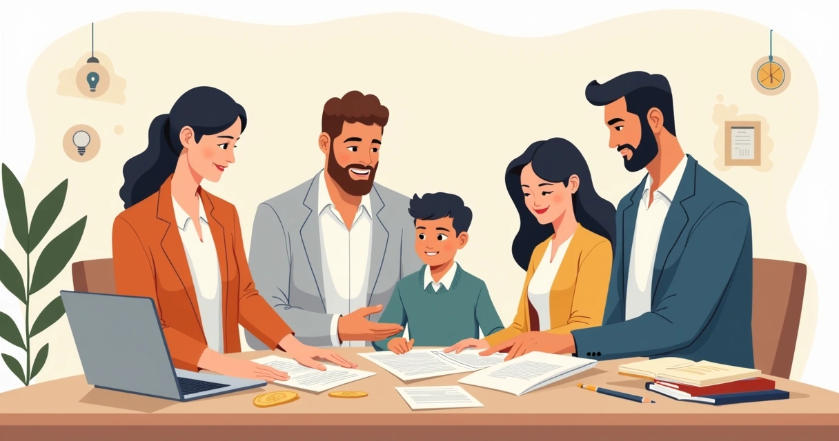 Família reunida organizando documentos e conversando à mesa 