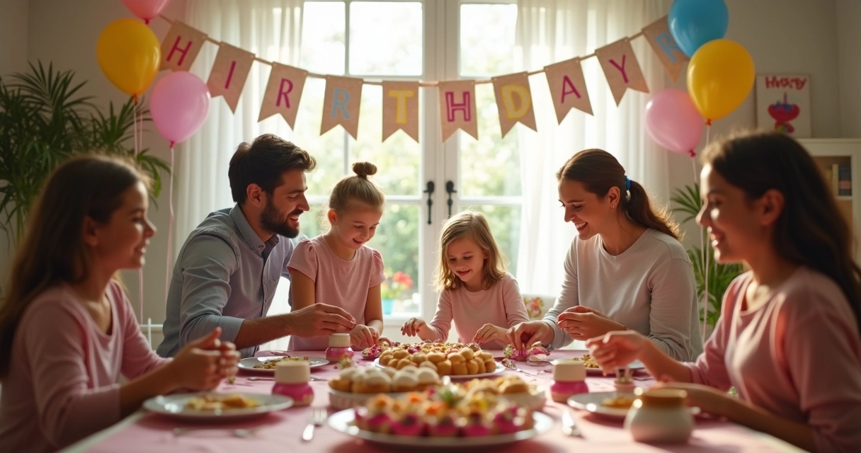 Família organizando decoração de festa infantil em casa. 