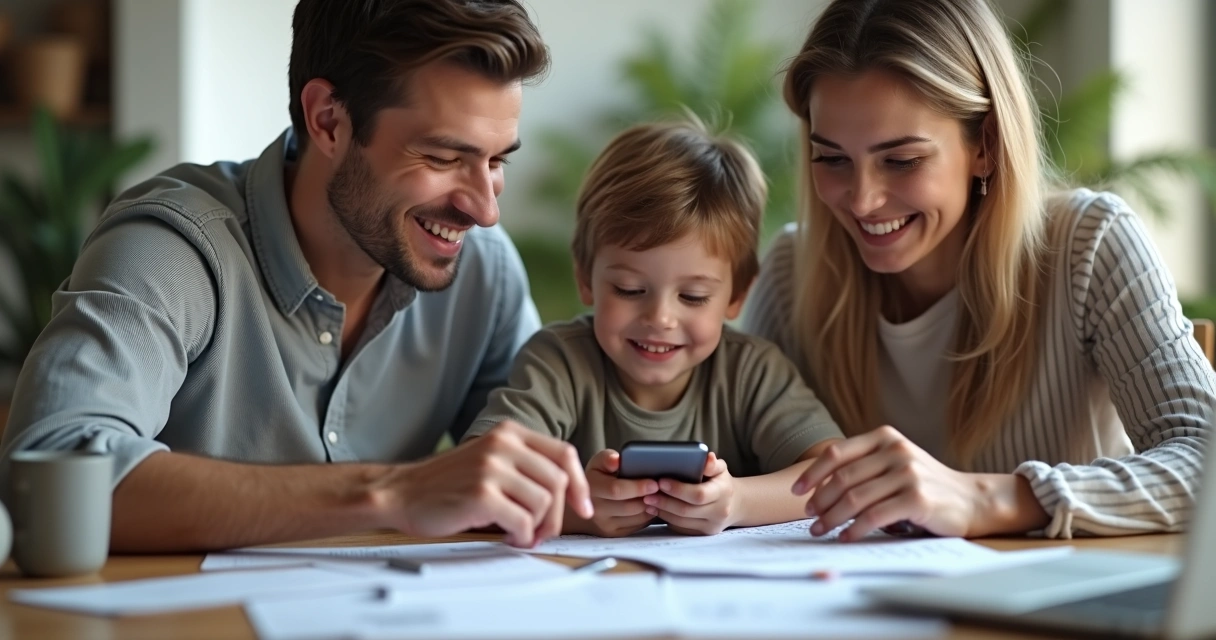 Família reunida organizando finanças em volta de uma mesa 