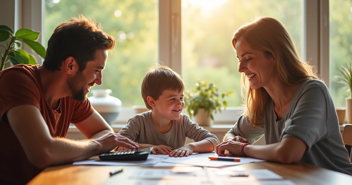 Família reunida na mesa, com papéis e calculadora, sorrindo e conversando sobre finanças. 