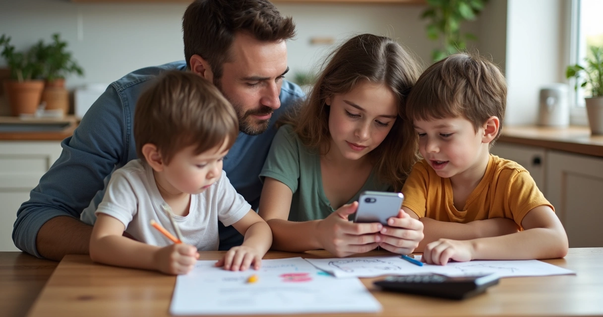 Família sentada planejando o orçamento com um celular e anotações em papel