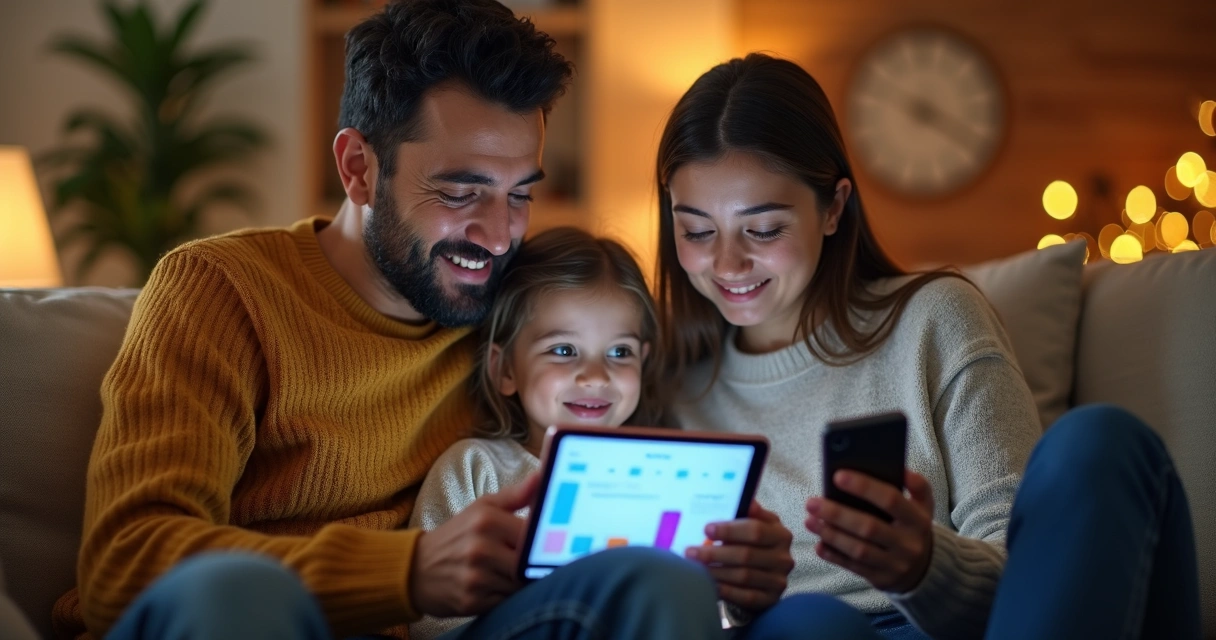 Família usando aplicativo de finanças na sala 
