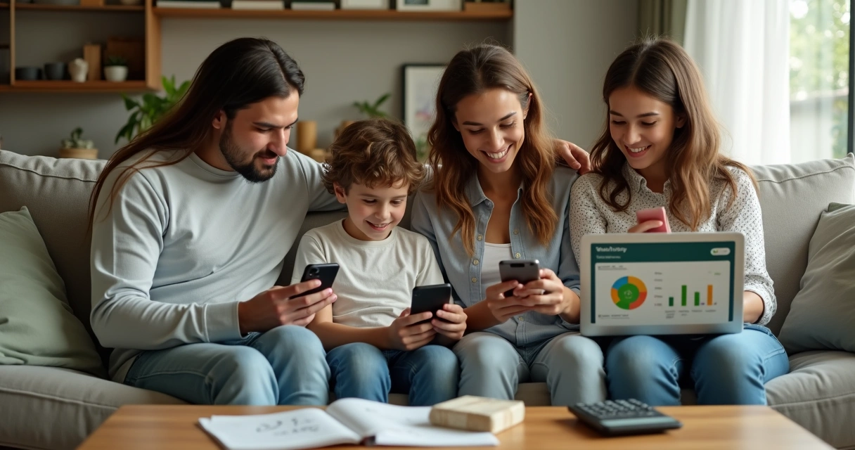 Família reunida no sofá organizando finanças digitais em seus celulares 