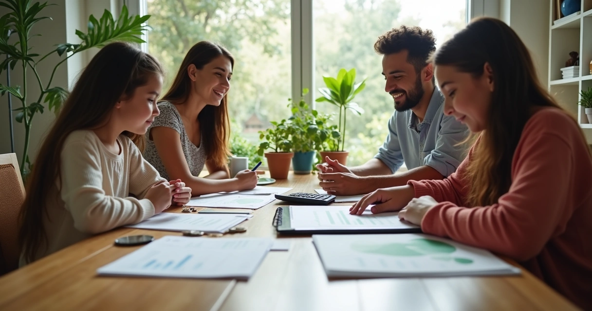 Família sentada à mesa organizando finanças com papéis e notebook 