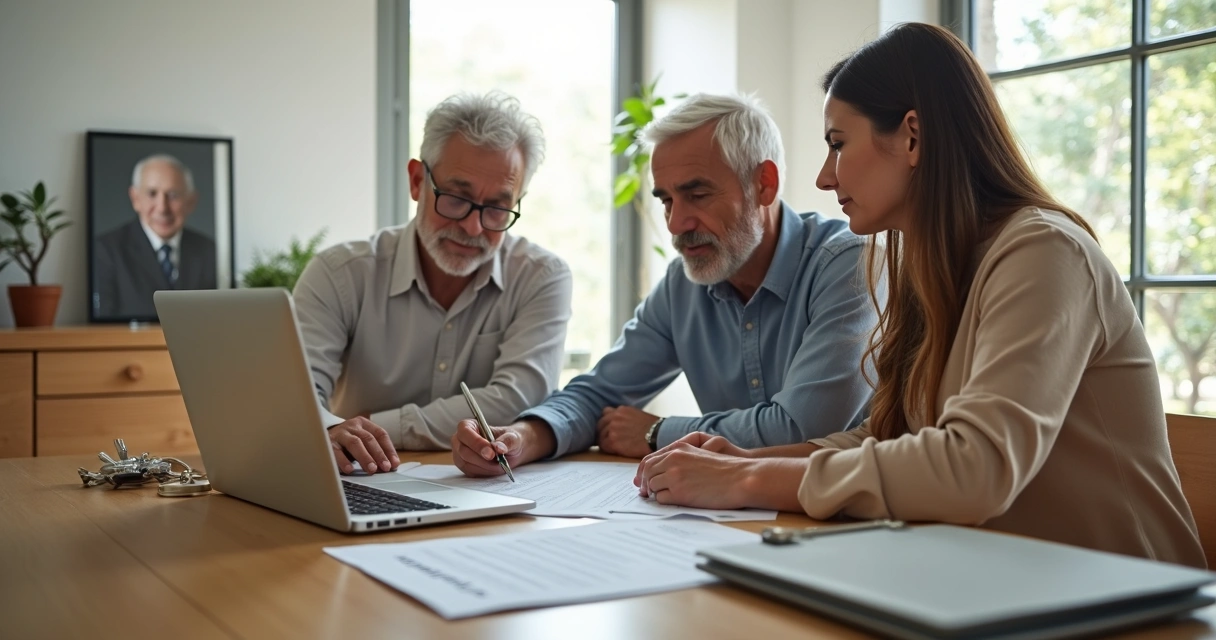 Familia sentada ao redor de notebook organizando herança digital 