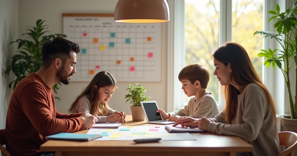 Familia sentados en la mesa organizando horarios en un calendario 