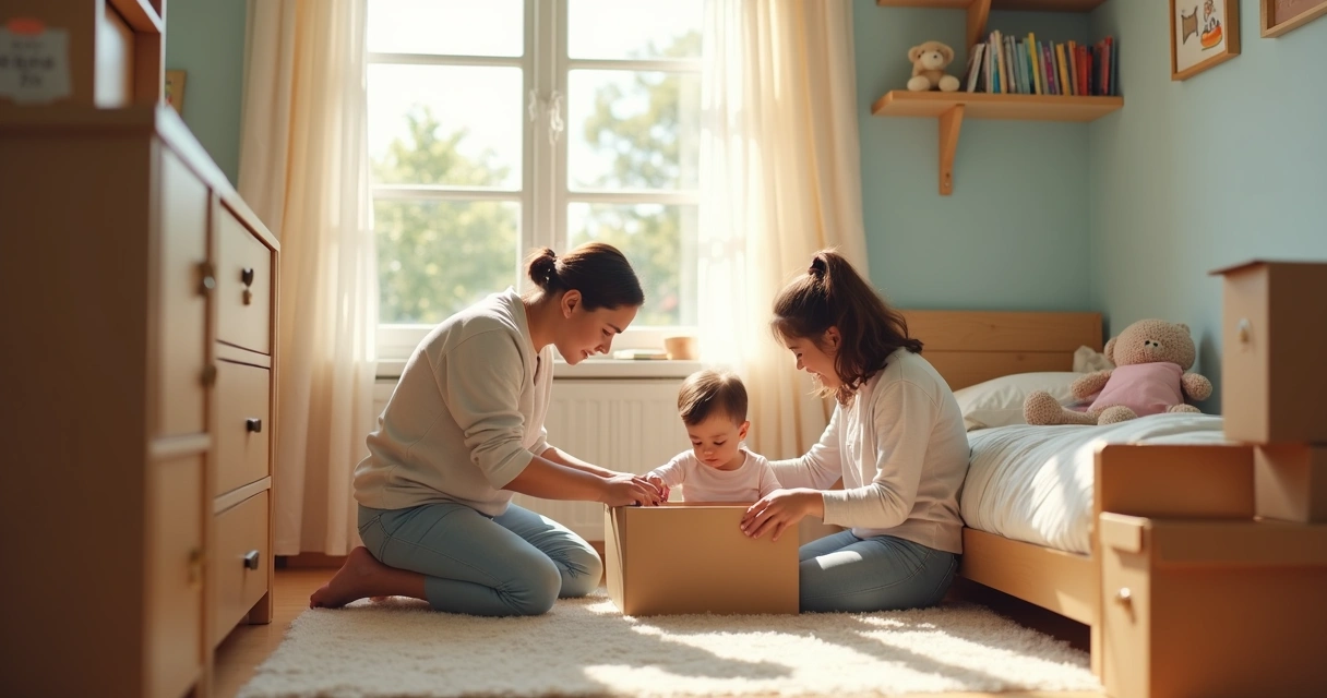 Família organizando quarto infantil após mudança