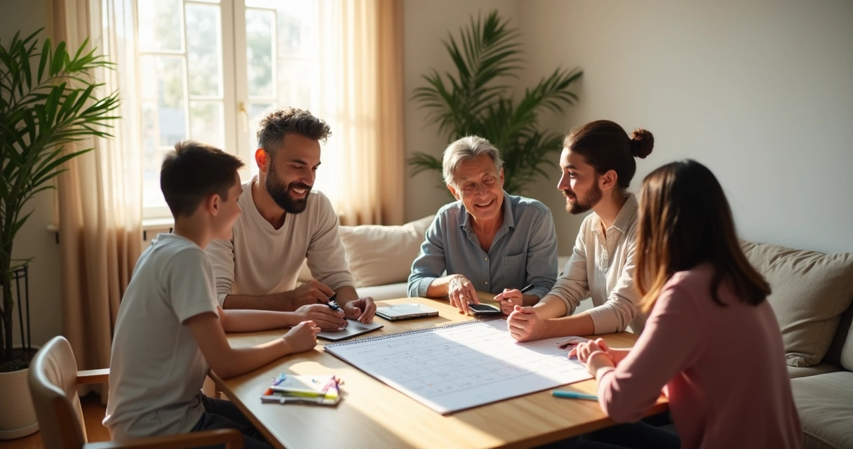 Família reunida com agenda e computador reorganizando a rotina diária dentro de casa 