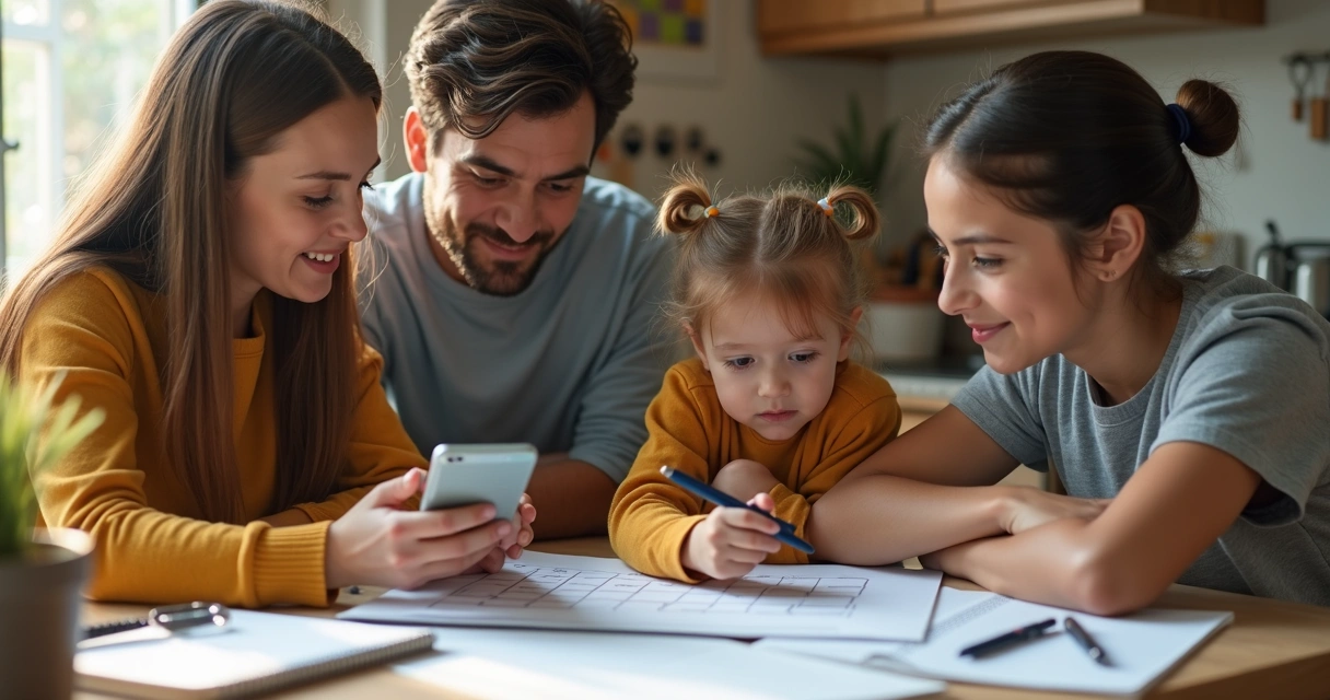 Família reunida organizando agenda com calendário e celular