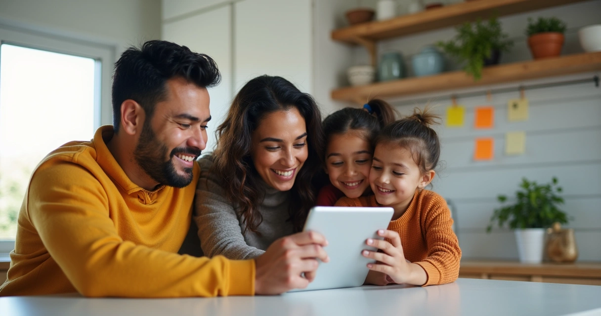 Familia reunida repasando tareas domésticas en una tablet