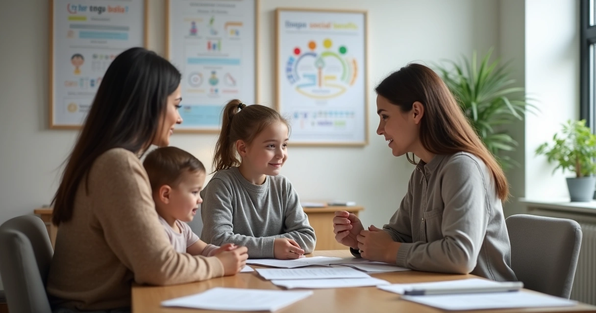 Família sendo orientada por assistente social sobre benefícios sociais