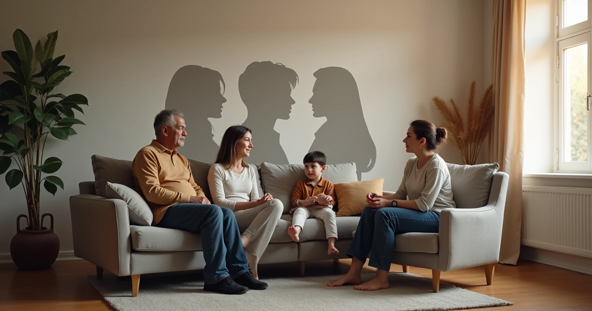 Família sentada em sala de estar com criança refletindo sobre si mesma 