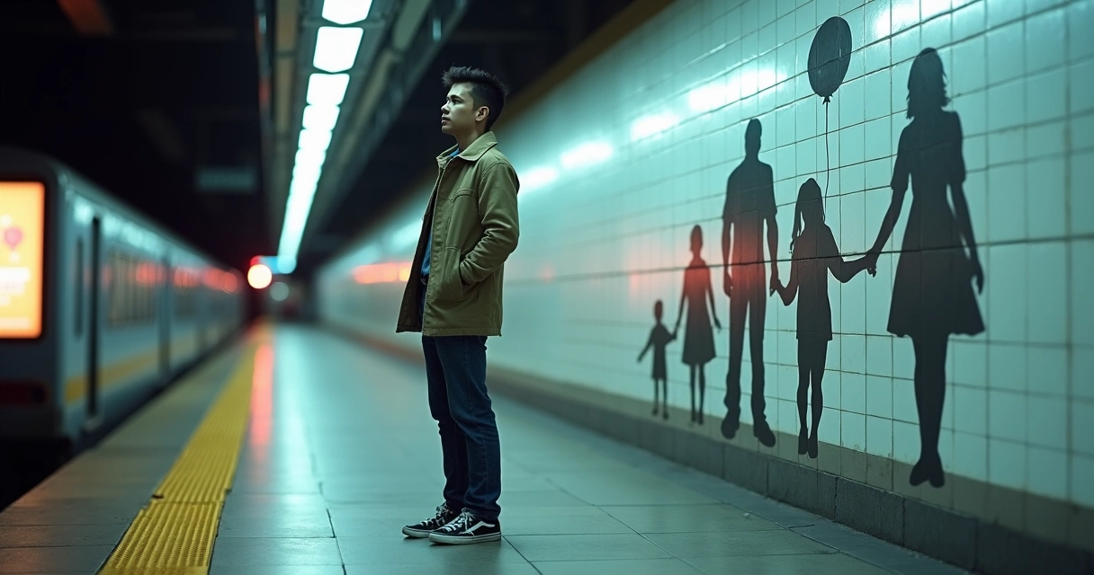 Adulto em estação de metrô com sombras de família projetadas na parede 