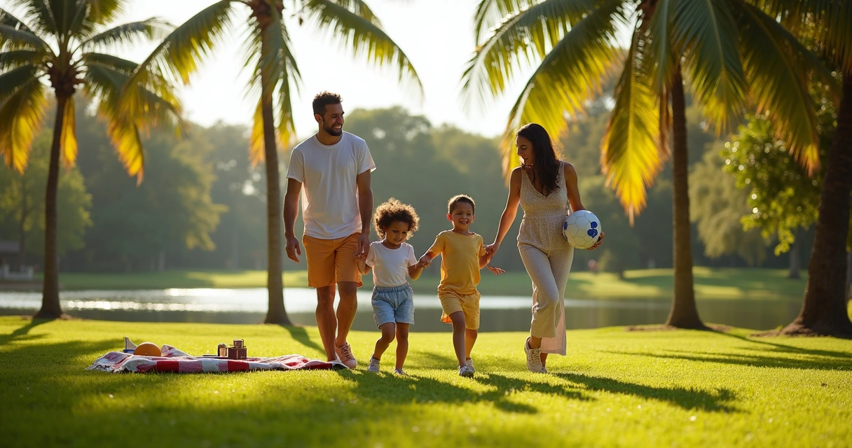Família brasileira caminhando em um parque verde e ensolarado em Orlando. 