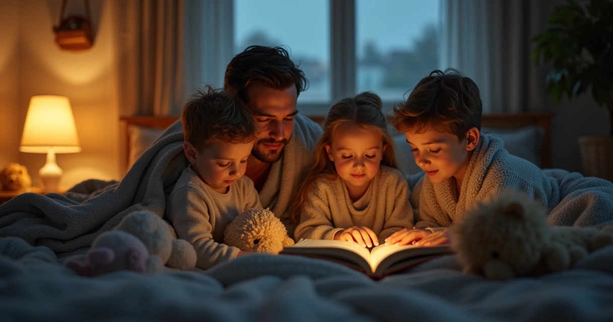 Família reunida ouvindo história antes de dormir 