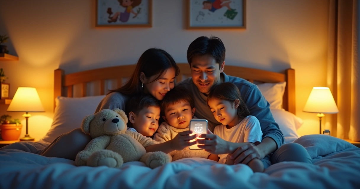 Família reunida ouvindo áudio de historinha antes de dormir 
