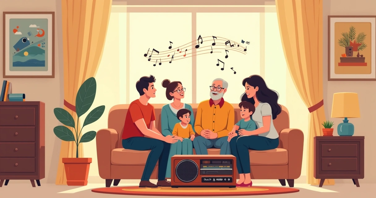 Família de três gerações reunida ouvindo música clássica e pop