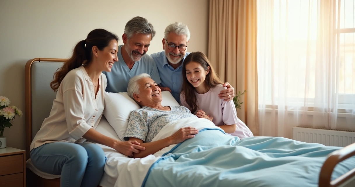 Família reunida sorrindo em volta de idoso em cama ajustável doméstica