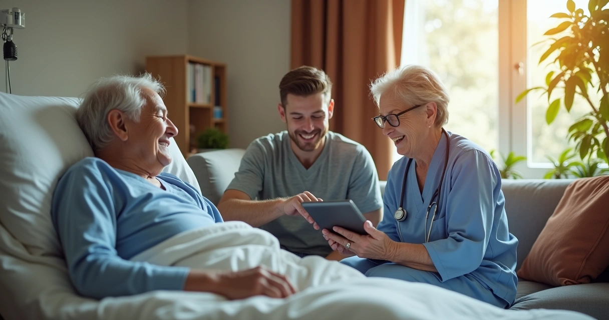Família conversando com paciente idoso em atendimento domiciliar