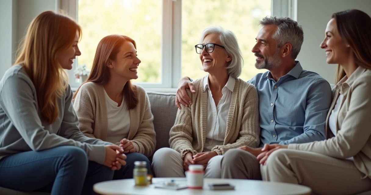 Família de paciente em ambiente domiciliar mostrando apoio durante tratamento 