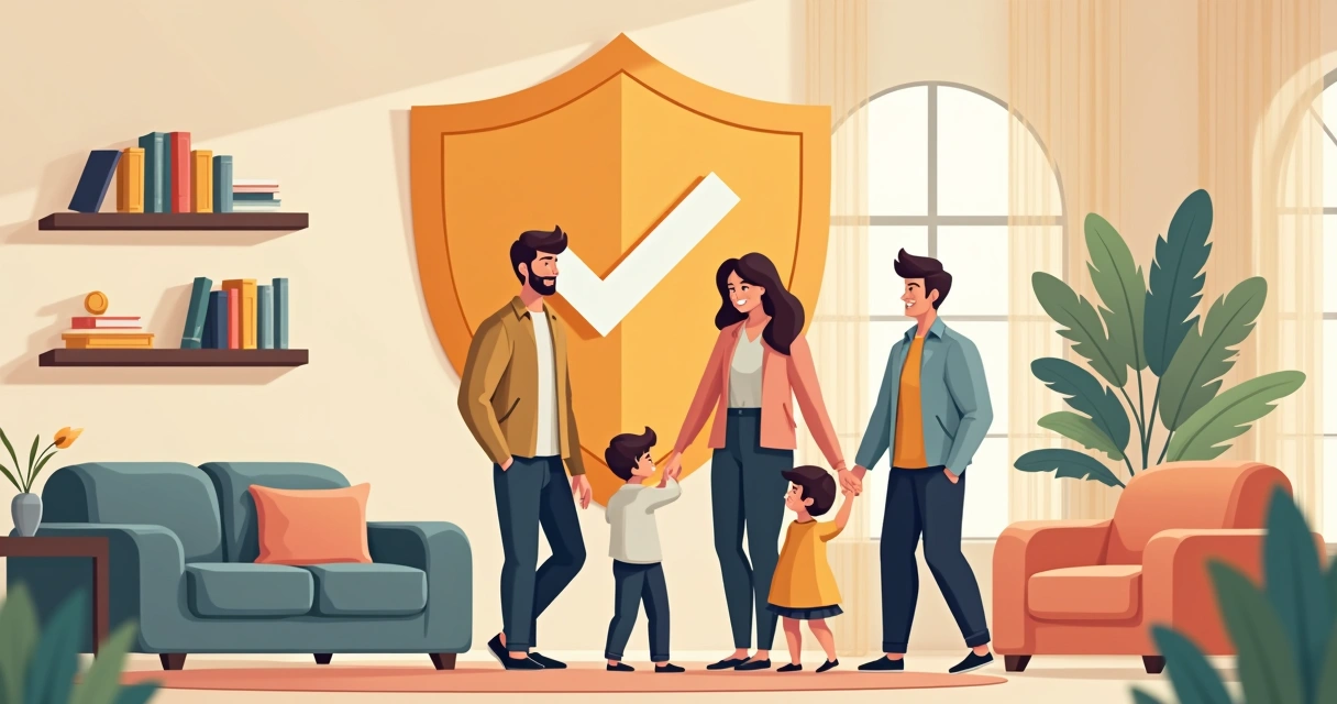 Família em casa moderna com símbolo de proteção 