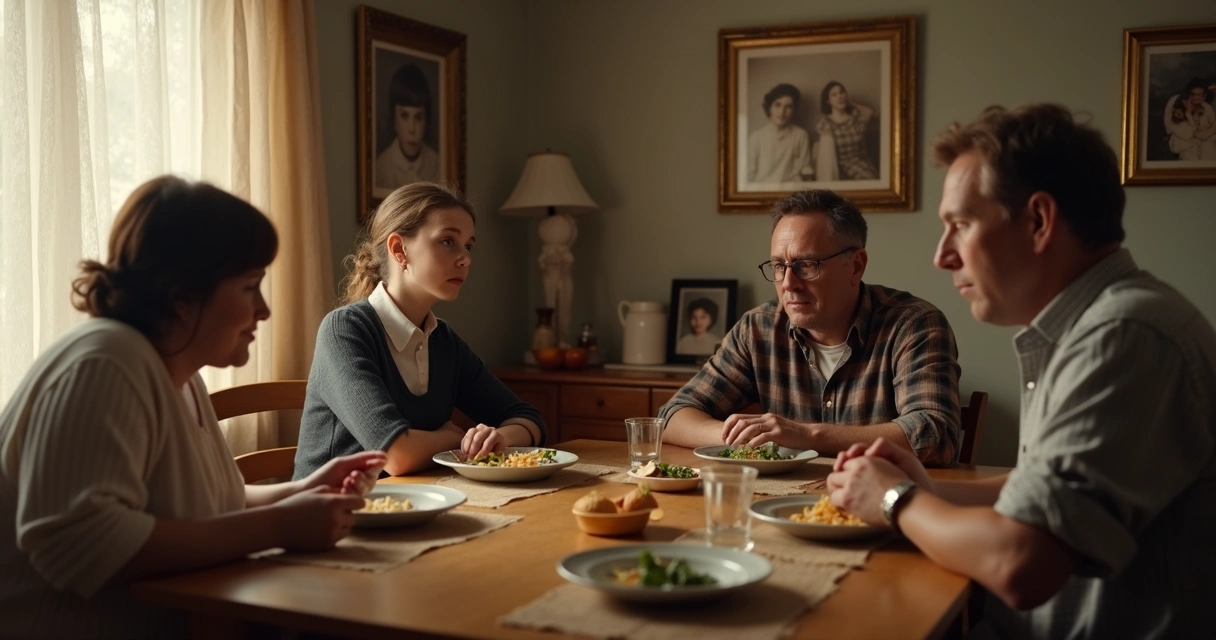 Família reunida ao redor de uma mesa em clima íntimo e silencioso 