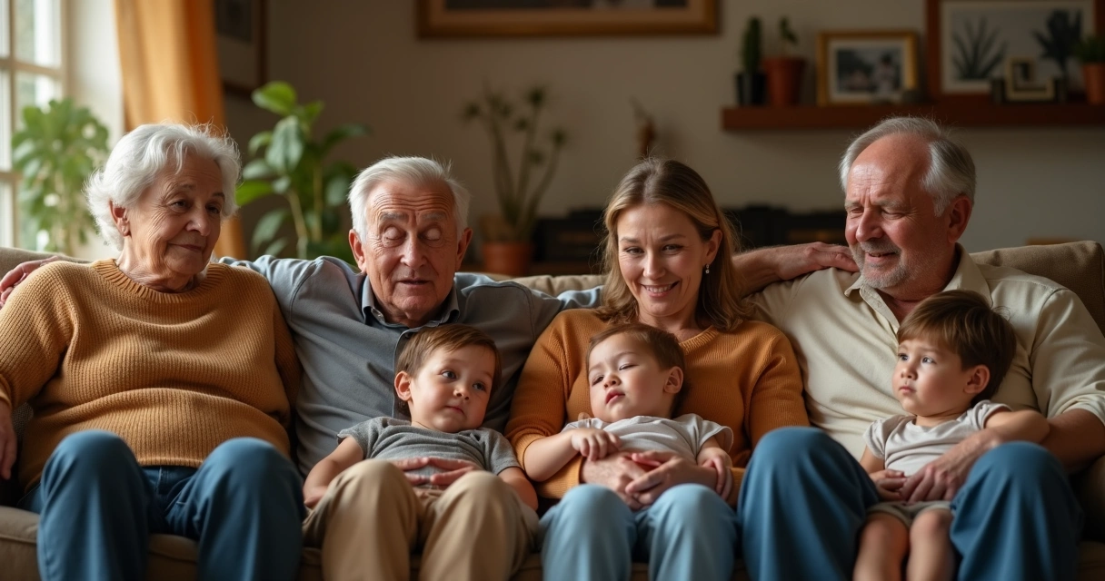 Família reunida no sofá de casa, expressão de diferentes emoções nos rostos 