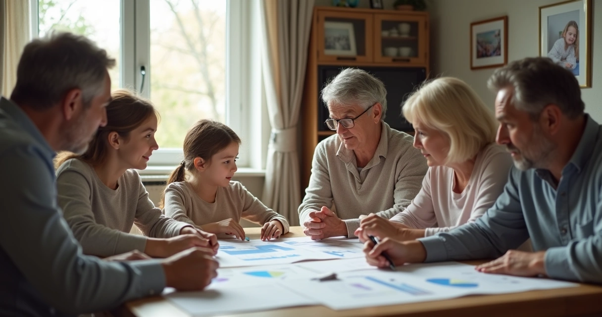 Família reunida ao redor de uma mesa com documentos empresariais 