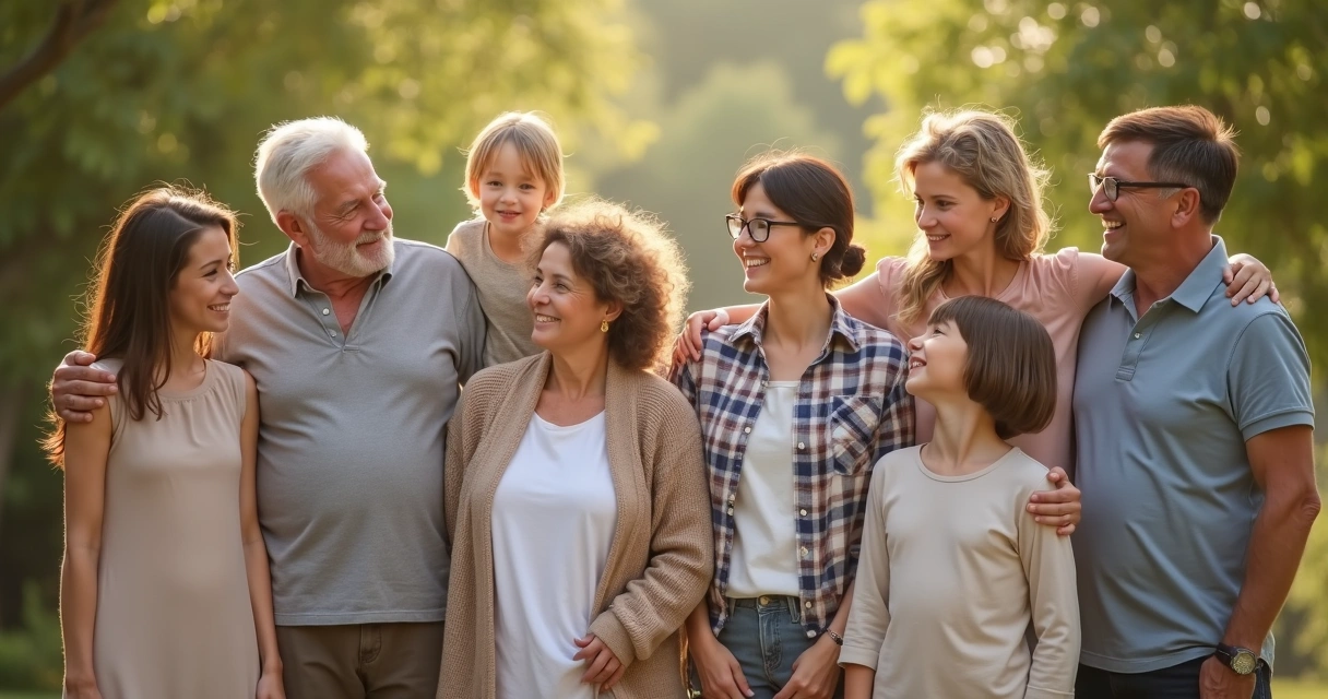 Grupo de pessoas de diferentes gerações lado a lado, mostrando semelhanças de expressão e postura 