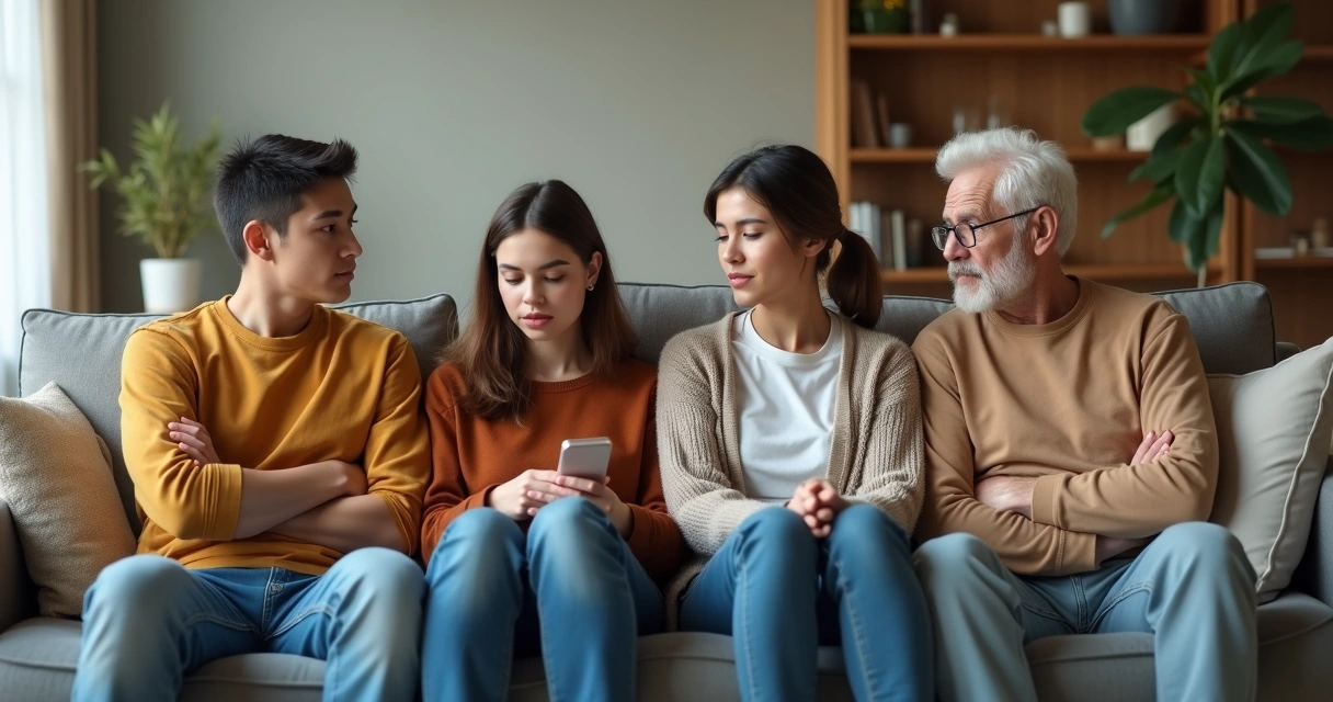 Família sentada no sofá com tensão silenciosa entre gerações 