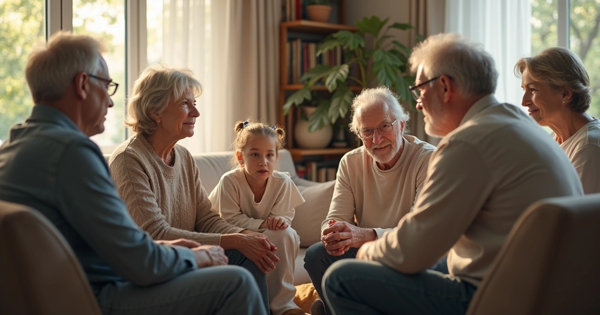 Família sentada em círculo observando conexões emocionais representadas por linhas de luz 