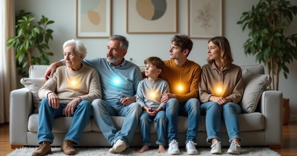 Família sentada no sofá com gerações conectadas por fios de luz entre eles 