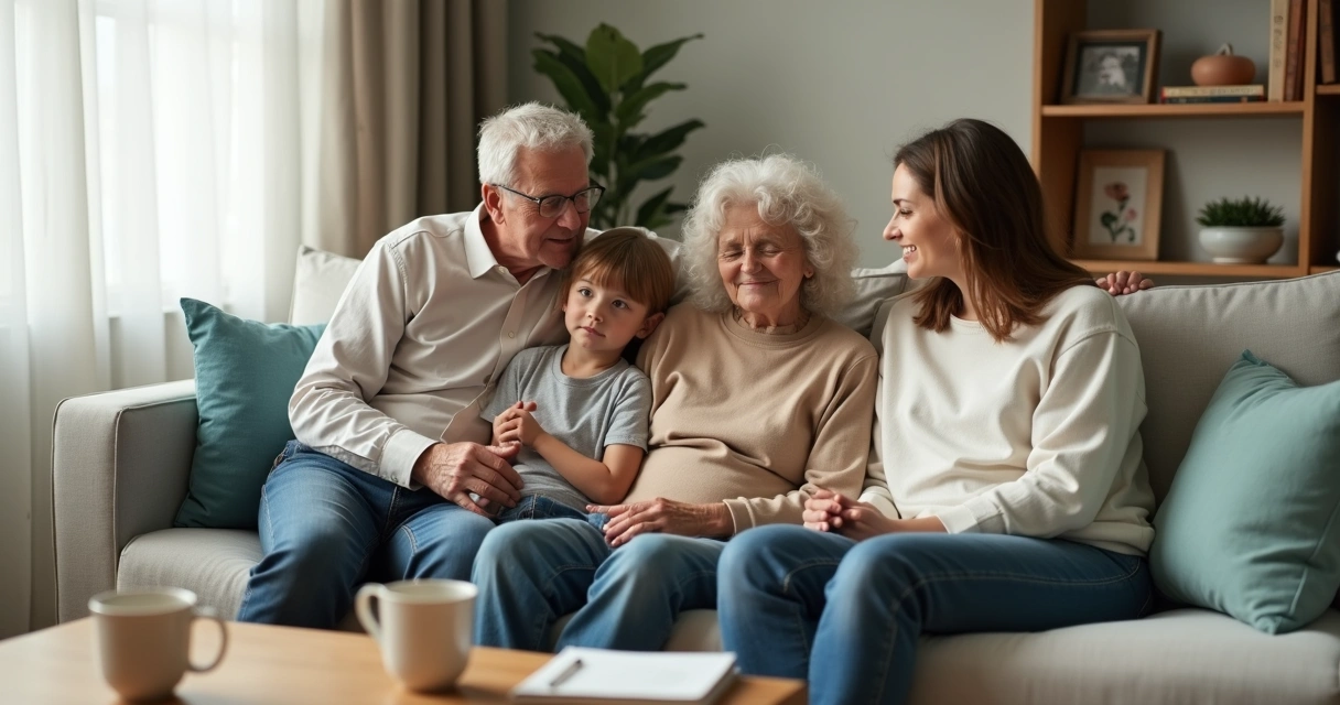 Família sentada no sofá se olhando com expressão de conexão e reflexão 