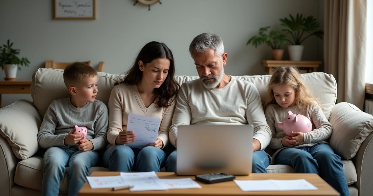 Família sentada no sofá com expressão preocupada em sala simples e organizada 