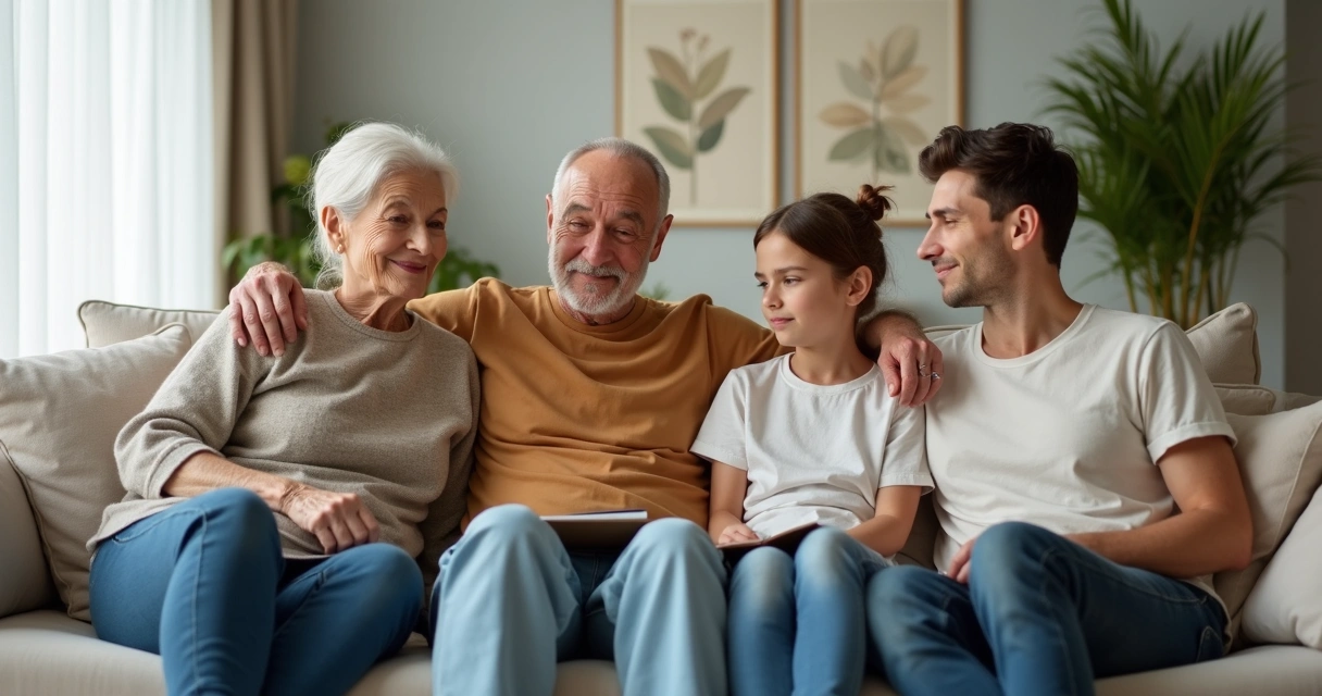Família sentada no sofá conectada e pensativa em ambiente de sala de estar acolhedor 