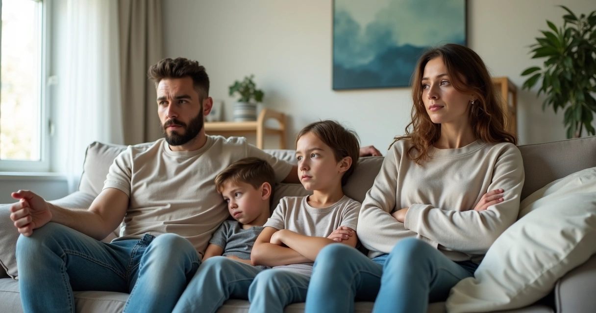 Família sentada no sofá com distância emocional sutil 