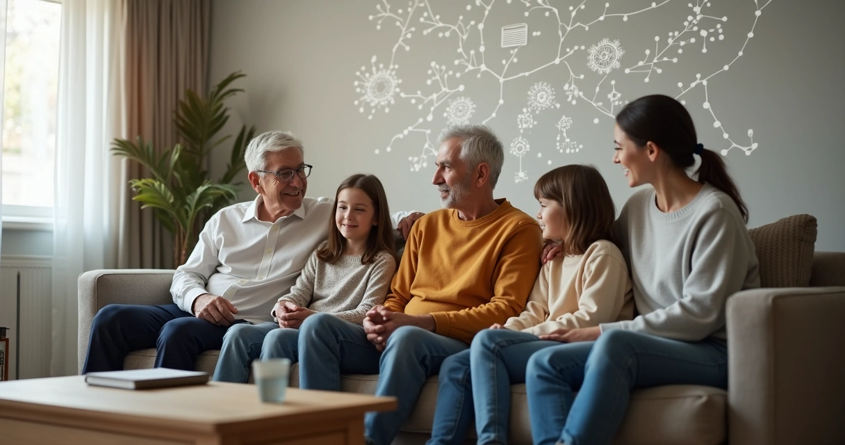 Família em sala de estar com reflexo simbólico de padrões ocultos ao fundo 