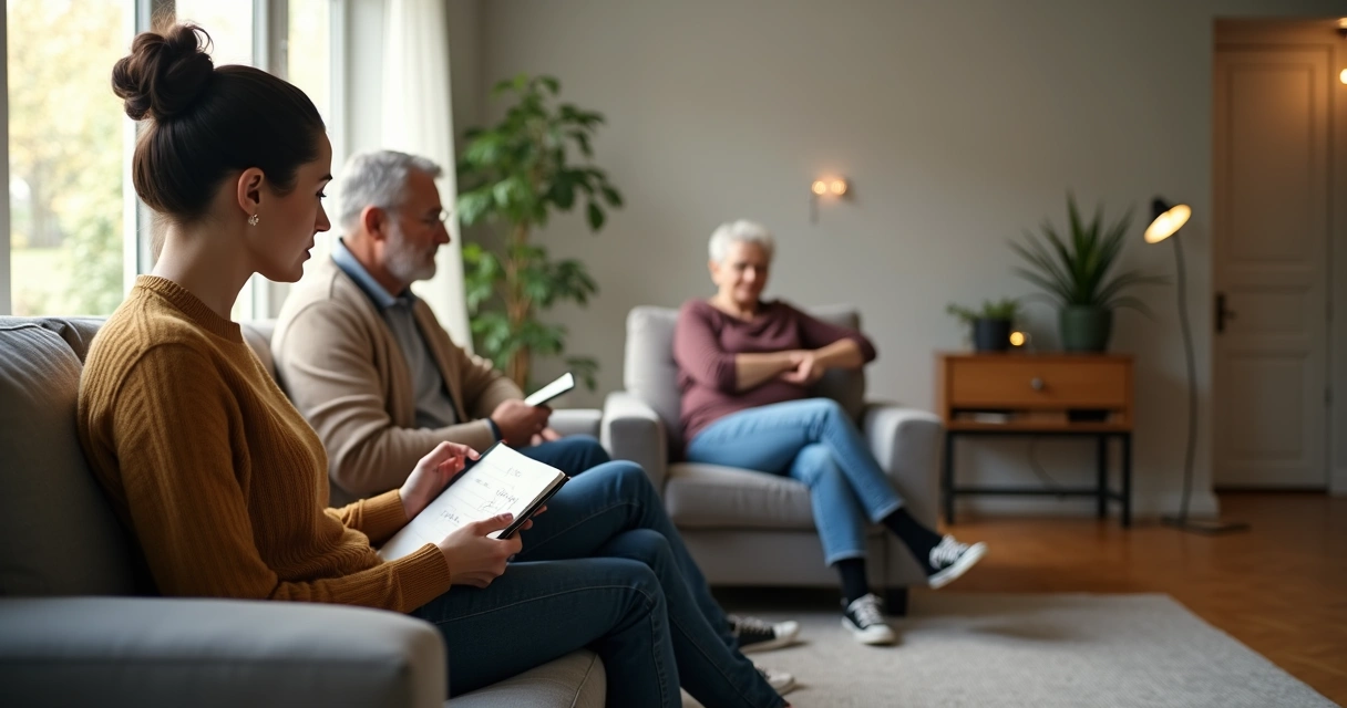 Família em sala de estar com gerações diferentes conectadas por linhas sutis 