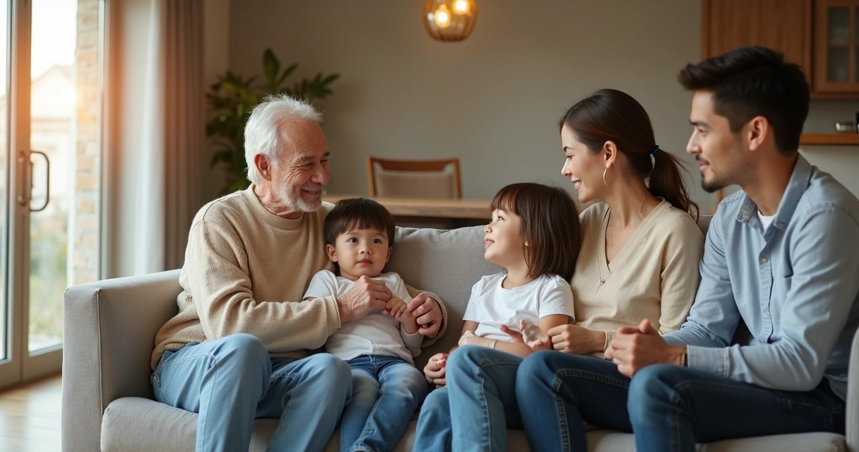 Família sentada no sofá com conexões suaves destacando padrões ocultos entre gerações 