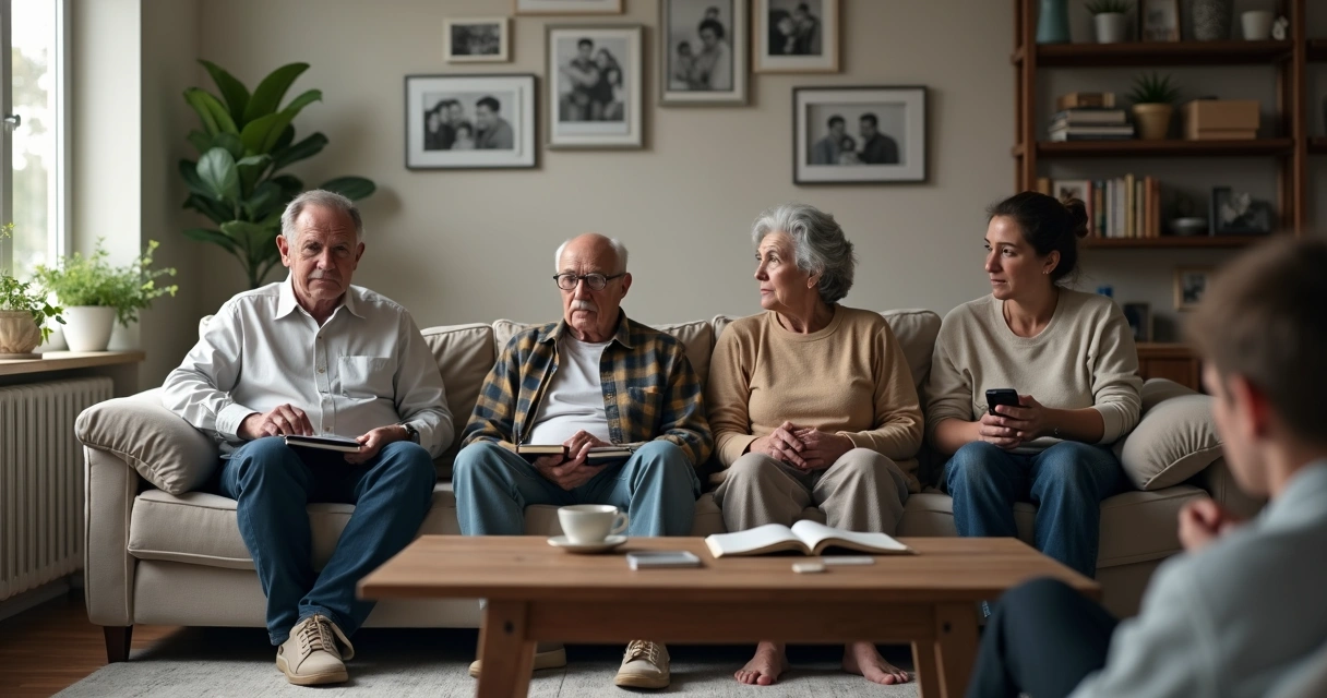Família sentada no sofá com conexões entre gerações destacando padrões ocultos 