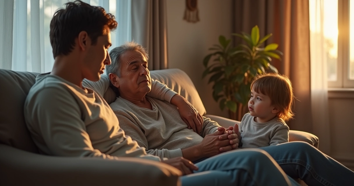 Pais e filho em uma sala, um adulto reconfortando o outro enquanto a criança observa, sugerindo papéis familiares de salvador e culpado. 