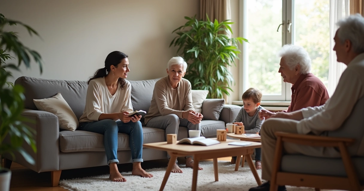 Três gerações de uma família sentadas em círculo conversando em sala de estar iluminada 