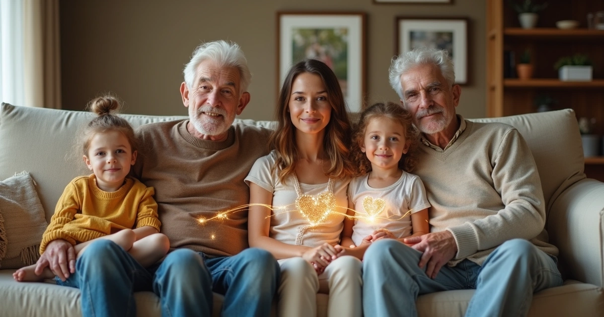Família em sala de estar com gerações conectadas por linhas sutis de luz 